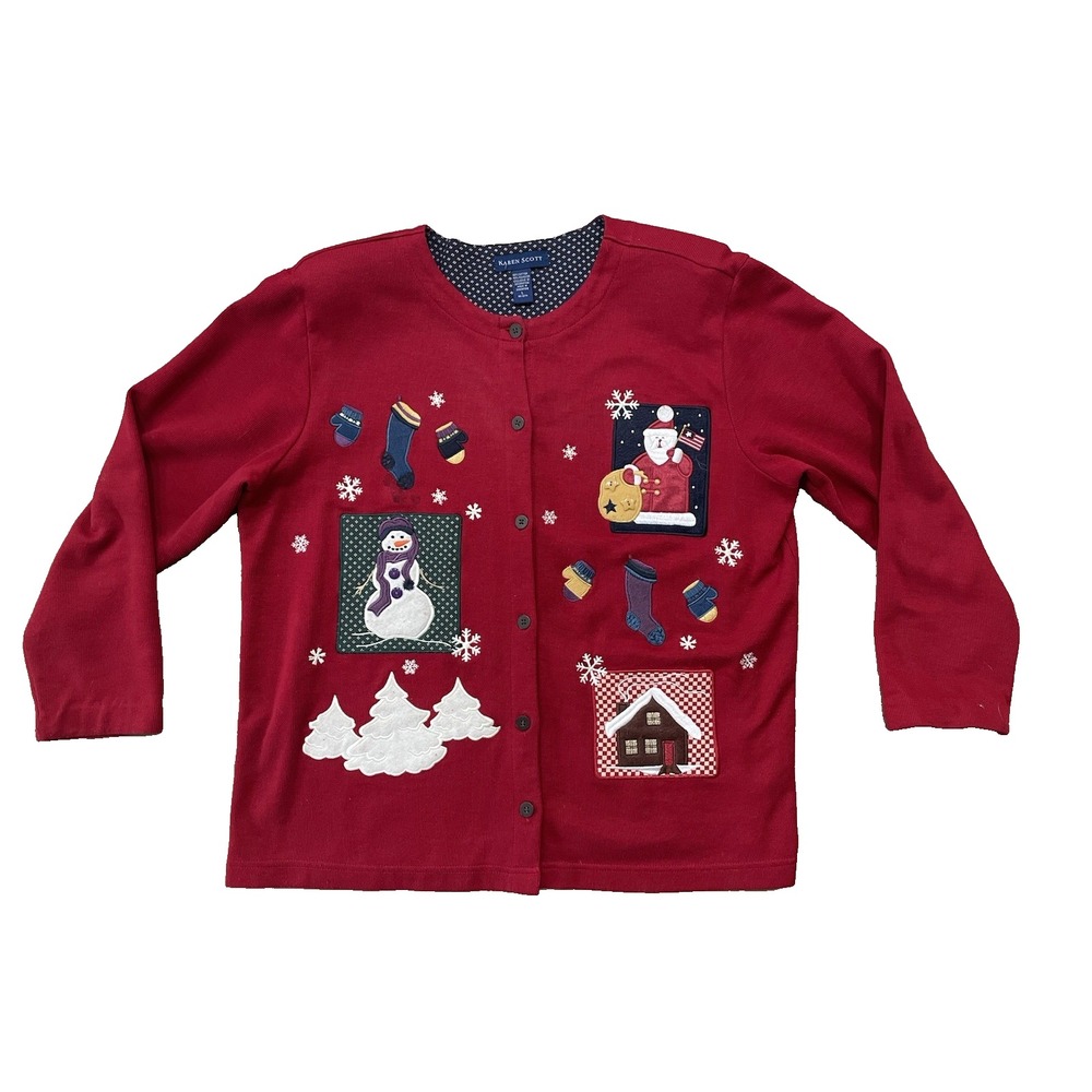 Vintage‎ 80s 90s Karen Scott Christmas Appliqued Lt  Sweater Jacket Sz L